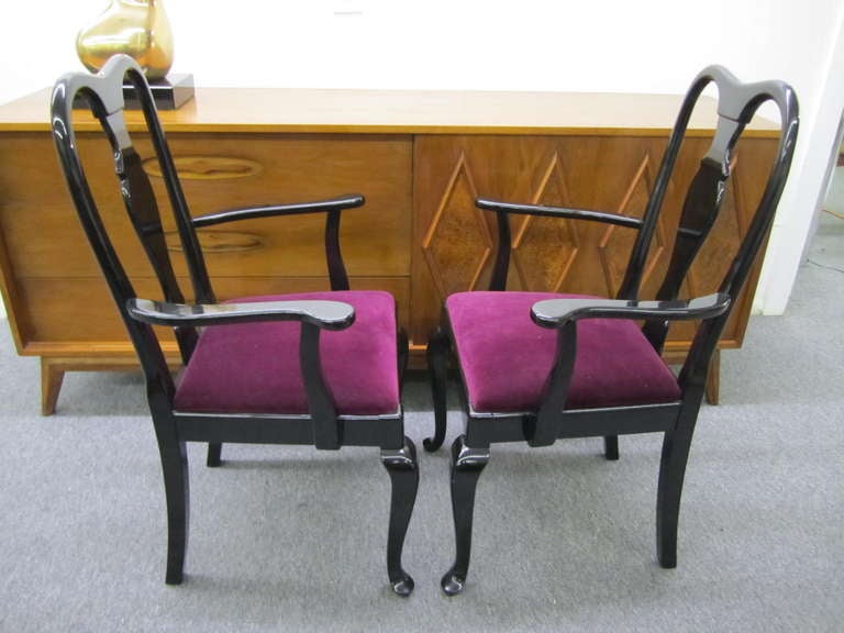 Wood Gorgeous Set of 4 Black Lacquered Dining Chairs Regency Modern For Sale