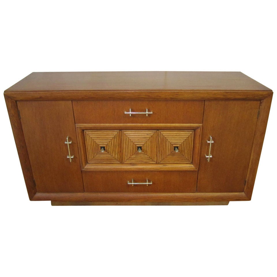 Fabulous Paul Frankl Style Rattan Front Cerused Credenza