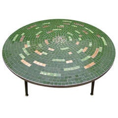 Fabulous Circular Green Gold Tile Top Coffee Table Mid-century Danish Modern