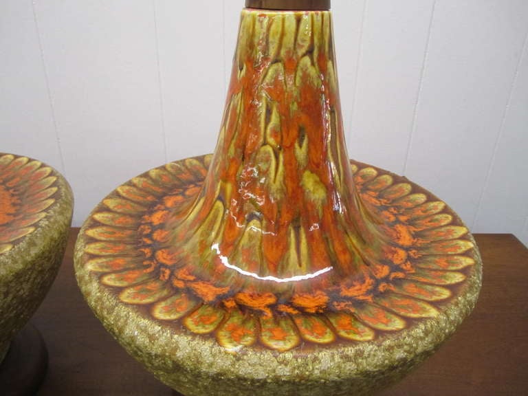 Mid-Century Modern Gorgeous Pair of Orange Drip Glaze Danish Modern Lamps For Sale