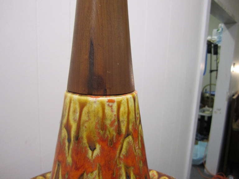 Walnut Gorgeous Pair of Orange Drip Glaze Danish Modern Lamps For Sale