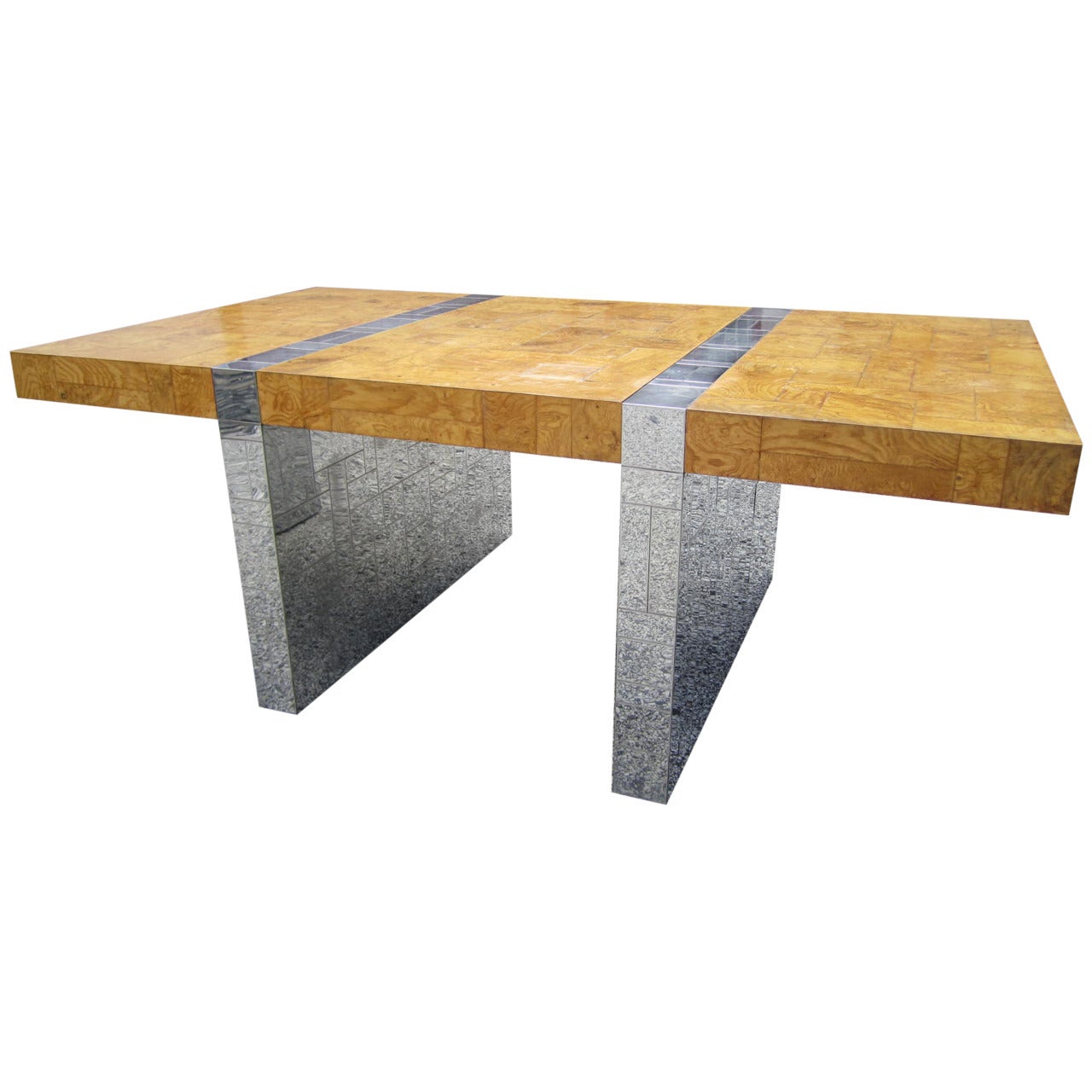 Magnificent Signed Paul Evans Burled Wood and Chrome Cityscape Dining Table For Sale