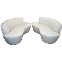 Vintage Pair Kidney Shaped Kagan Inspired Putty Leather Sofa Loveseat Mid-century Modern