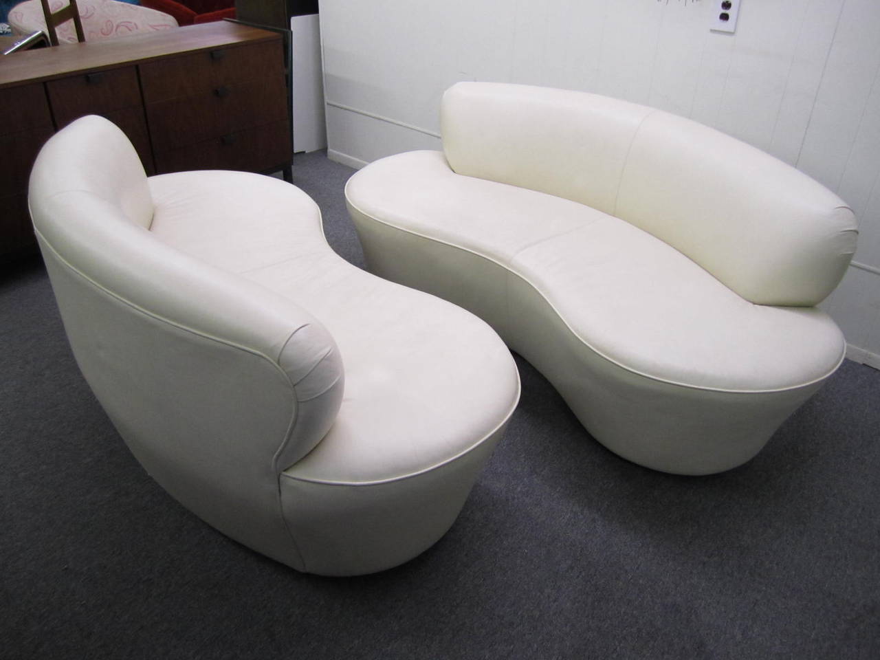 Pair Kidney Shaped Kagan Inspired Putty Leather Sofa Loveseat Mid-century Modern 1