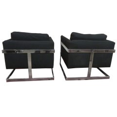 Pair Of Milo Baughman Black Wool Chrome Cube Chairs Mid-century
