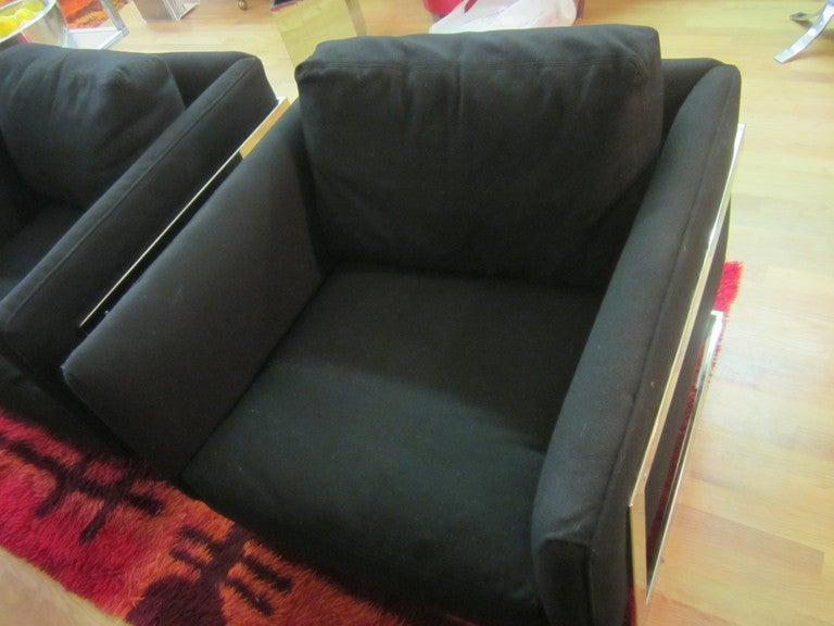 Pair Of Milo Baughman Black Wool Chrome Cube Chairs Mid-century