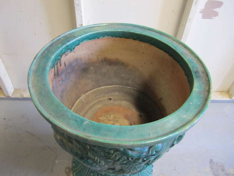 20th Century Amazing and Large Chinese Green Glazed Terra Cotta Urn and Pedestal