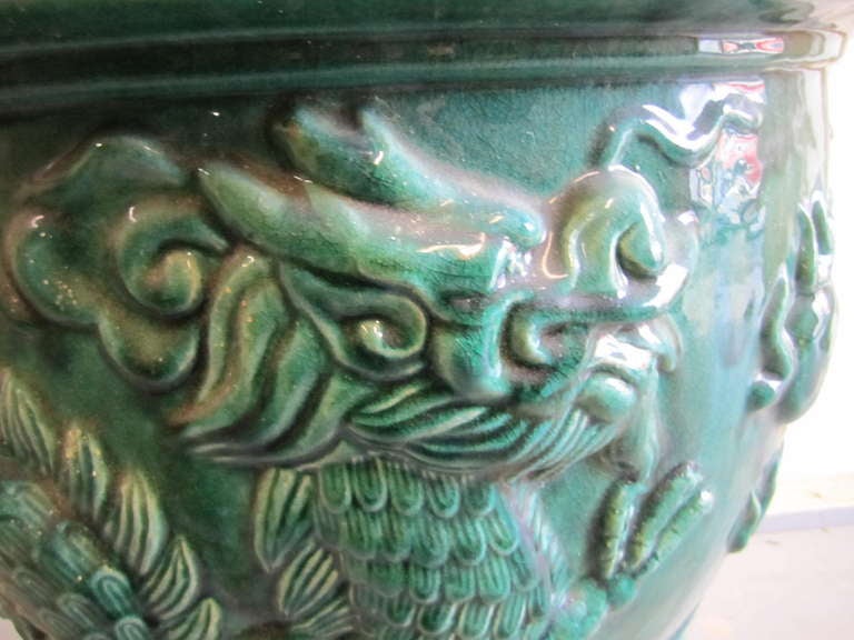 Amazing and Large Chinese Green Glazed Terra Cotta Urn and Pedestal In Good Condition In Pemberton, NJ