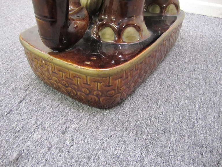 Glazed Whimsical Pair of Brown Terra Cotta Elephant Garden Seats Tables Mid-century