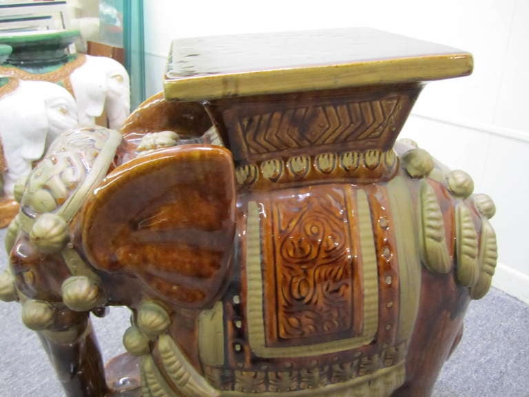 Mid-20th Century Whimsical Pair of Brown Terra Cotta Elephant Garden Seats Tables Mid-century
