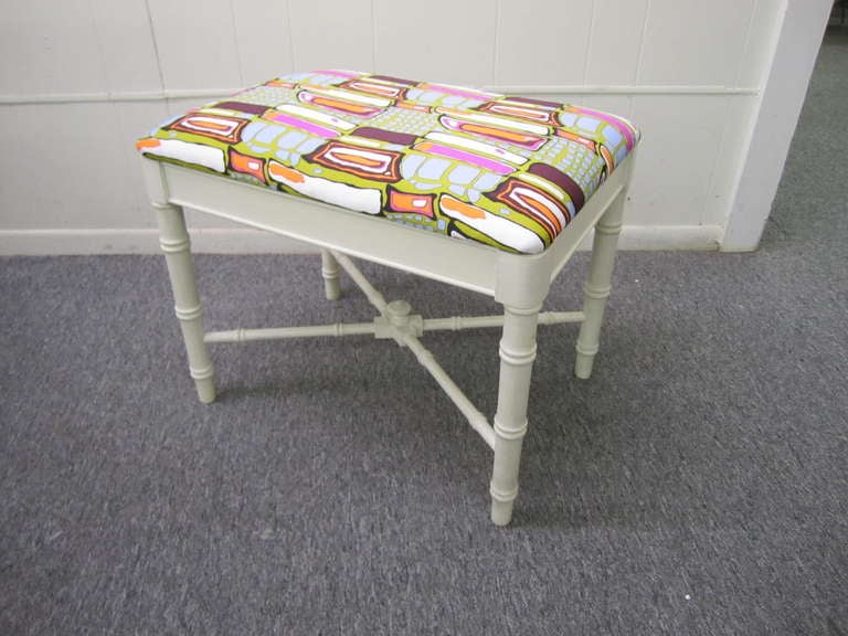 Stunning Pucci Style White Faux Bamboo Vanity Bench Stool Hollywood Regency 1