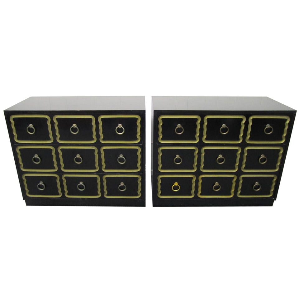 Pair of Hollywood Regency Style Black Espana Dorothy Draper Designed Chests