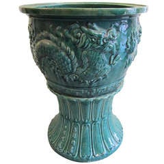 Amazing and Large Chinese Green Glazed Terra Cotta Urn and Pedestal