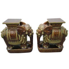 Whimsical Pair of Brown Terra Cotta Elephant Garden Seats Tables Mid-century Modern 8
