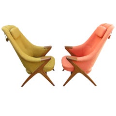 Pair Danish Modern Papa Bear Style Teak Lounge Chairs