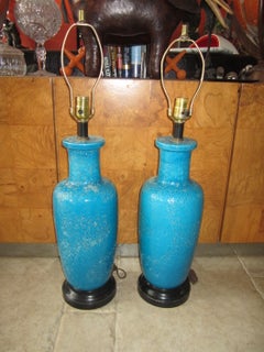 Vintage Fabulous Pair Lava Crackle Glaze Turquoise Lamps Mid-century Bitossi Modern