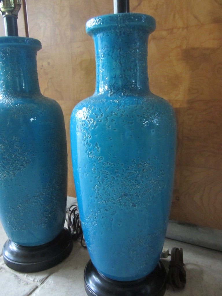 Fabulous Pair Lava Crackle Glaze Turquoise Lamps Mid-century Bitossi Modern 1