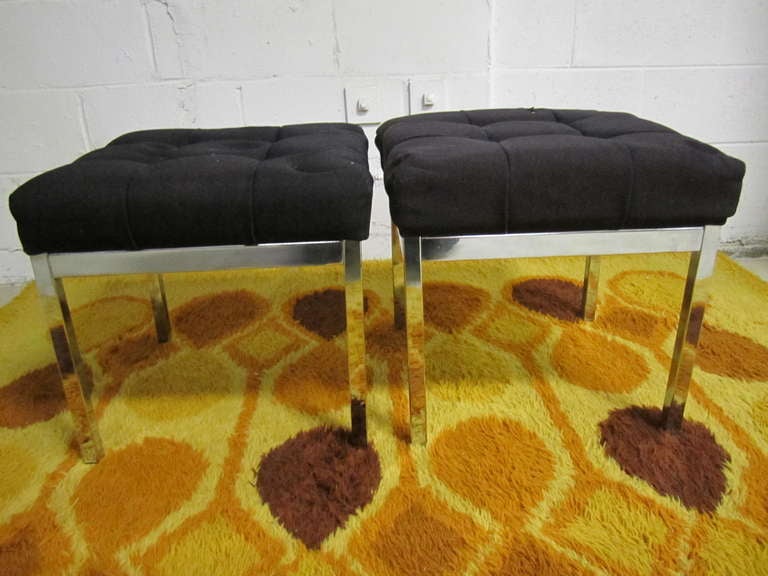 Pair of Milo Baughman Style Tufted Chrome Stools Mid-century Modern For Sale 4