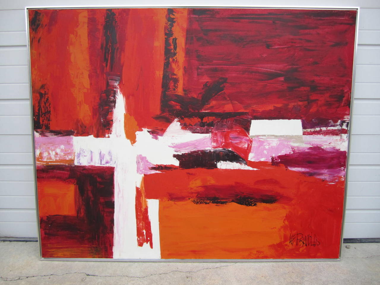 Lovely shade of deep red,pink and orange create a dynamic large scaled oil painting. Set a very modern tone with this large vibrant signed oil painting-measures 49.5