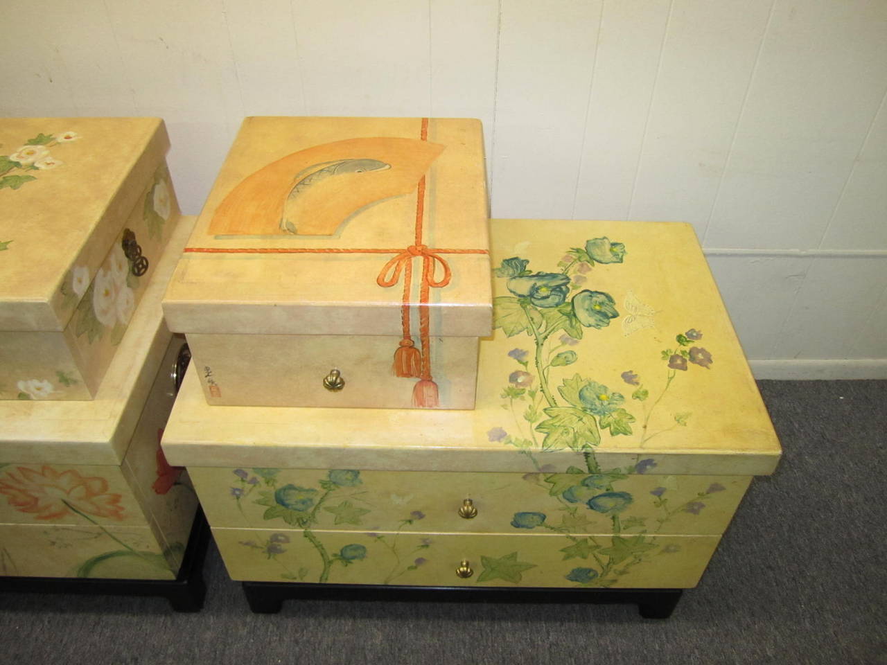 Sensational Pair of Chinoiserie Custom Painted Designer Bedside Night Stands