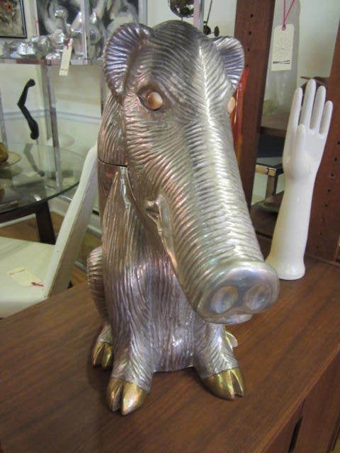 Outstanding and rare signed Arthur Court aluminum warthog wine and champagne cooler. This piece is very large and impressive in person. Mr. Warty is so cute and is very well crafted. His head lifts open to reveal room for your favorite beverage and