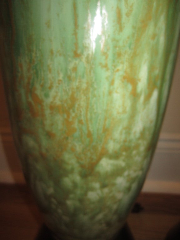 Brass Amazing Pair of Tall Slender Ceramic Drip Glaze Lamps, Midcentury