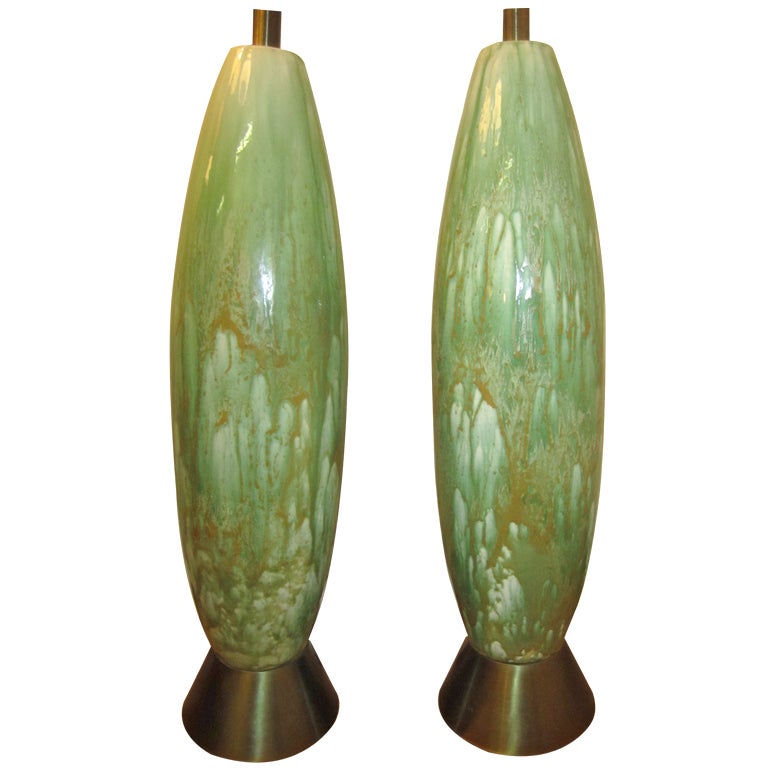 Amazing Pair of Tall Slender Ceramic Drip Glaze Lamps, Midcentury