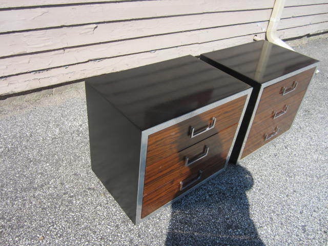 Two Milo Baughman Style Rosewood Chrome and Black Lacquer Nightstands 1