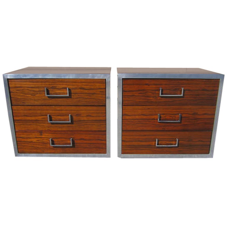 Two Milo Baughman Style Rosewood Chrome and Black Lacquer Nightstands