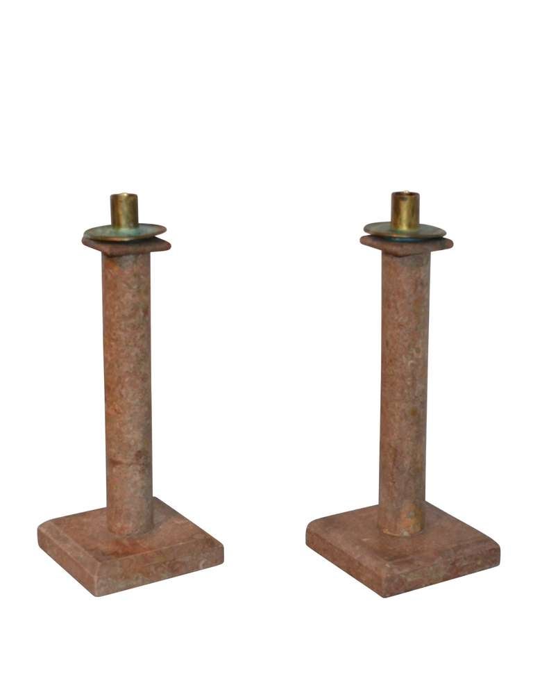 19th Century pair of Swedish marble candlesticks with brass candleholder.