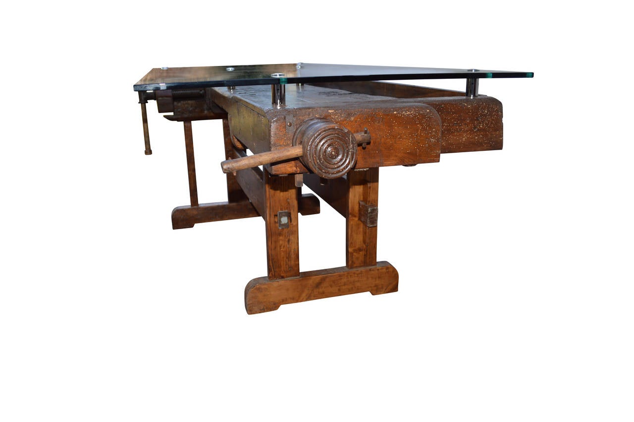 Industrial 19th Century European Workbench as Glass Top Table