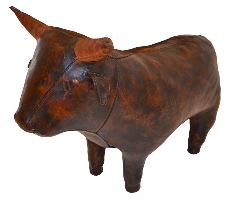 Charming A&F Leather foot rest in the shape of a bull. Horns as untreated leather.