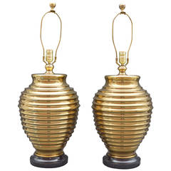 Pair of Large Brass Beehive Table Lamps