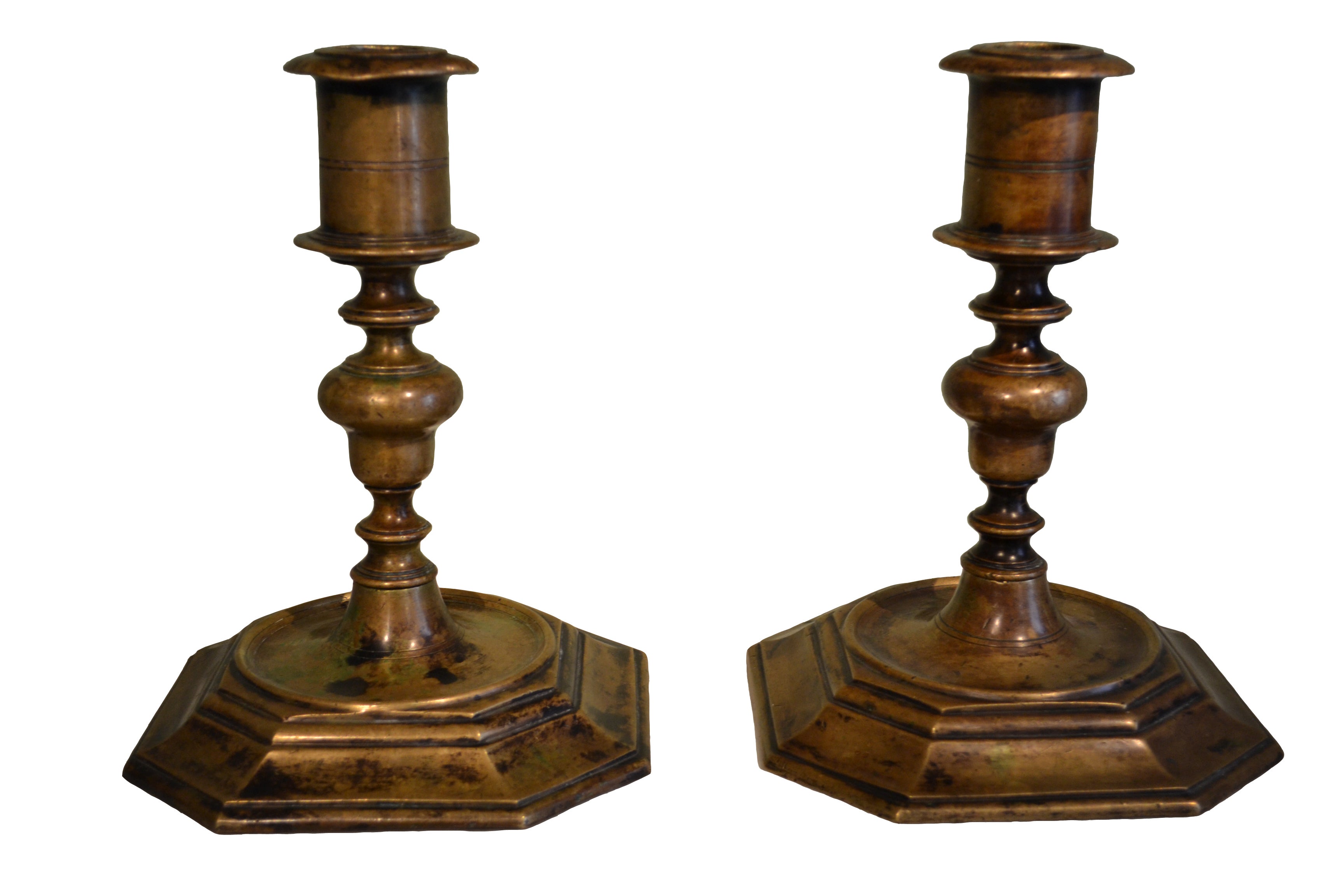 18th c. Pair Of Large Brass Candlesticks