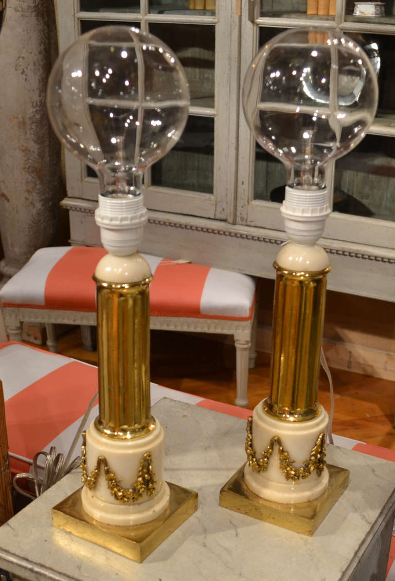 19th Century 19th c. Pair of Marble and Ormolu Gilted Lamps