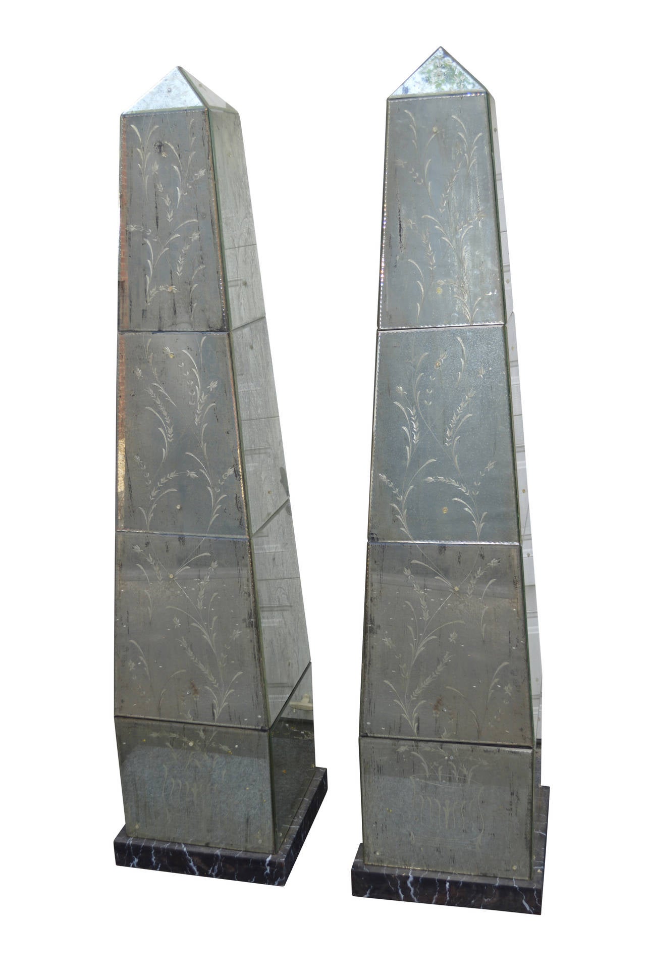 Modern Pair of Large Mirrored Glass Obelisks