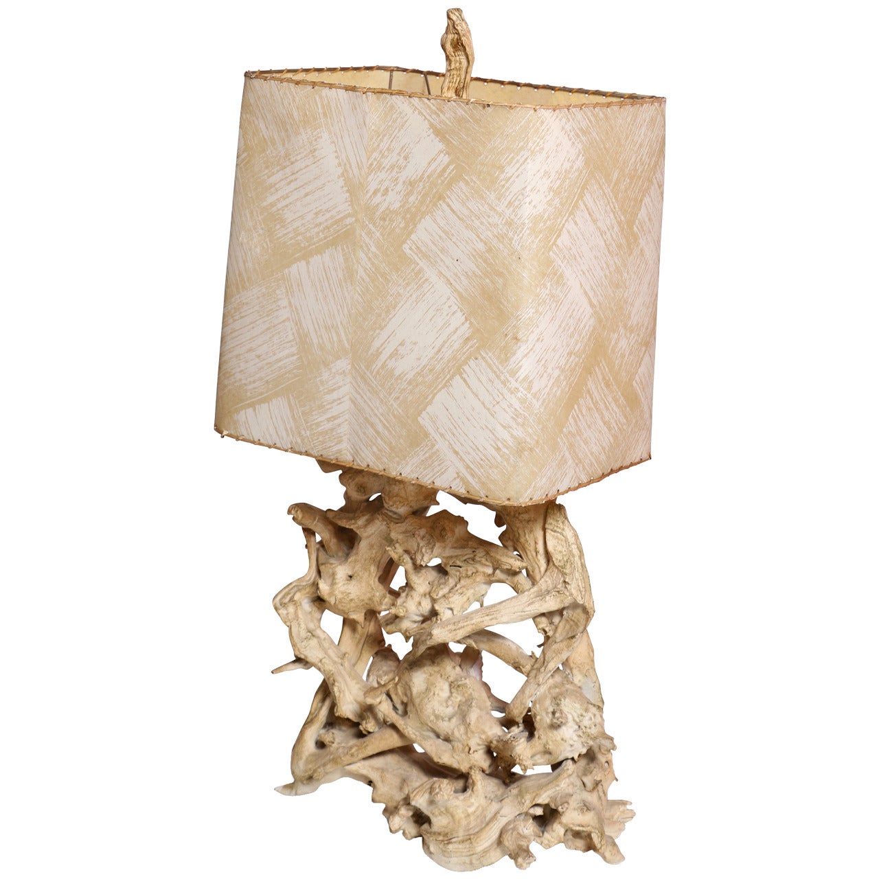 Large 1950s Gesso Washed Driftwood Lamp