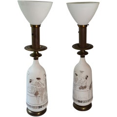 Pair Of 20th Century Opaline Lamps with Ancient Greek Scenes 