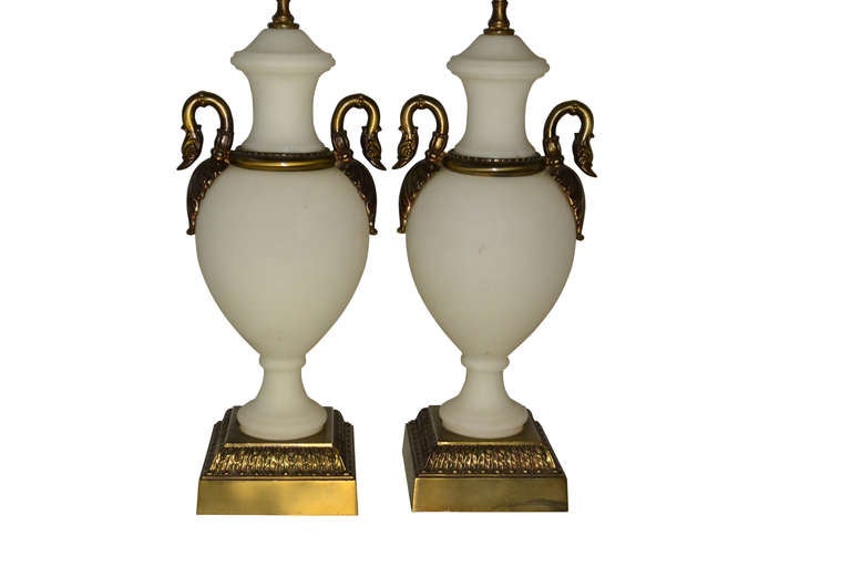 Belle Époque Pair of White Opaline Table Lamps with Bronze Swan Necks