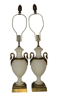 Pair of White Opaline Table Lamps with Bronze Swan Necks