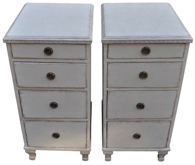 Pair of Gustavian-grey bedside tables with 4 drawers each.