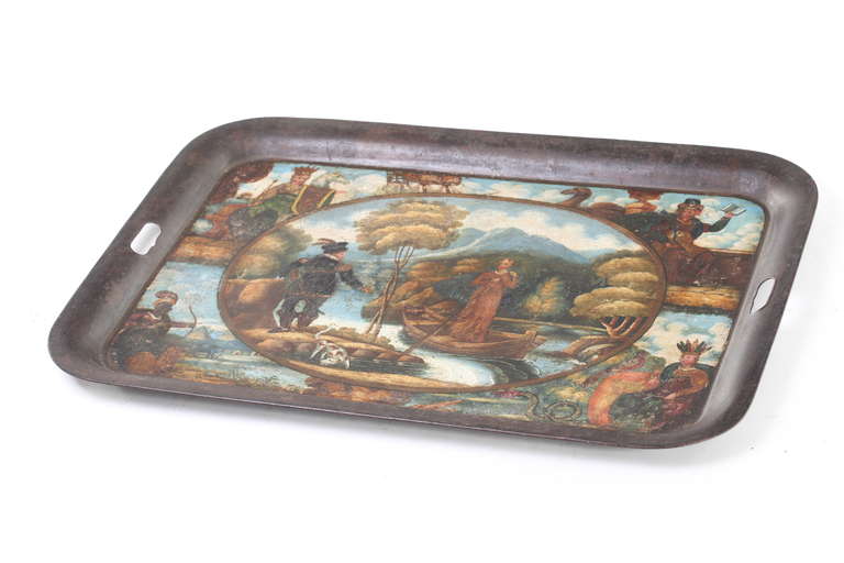 19th Century English Scenic Painted Tole Tray For Sale 2