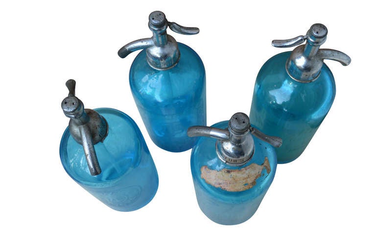 French Four Azure-Blue Seltzer Bottles