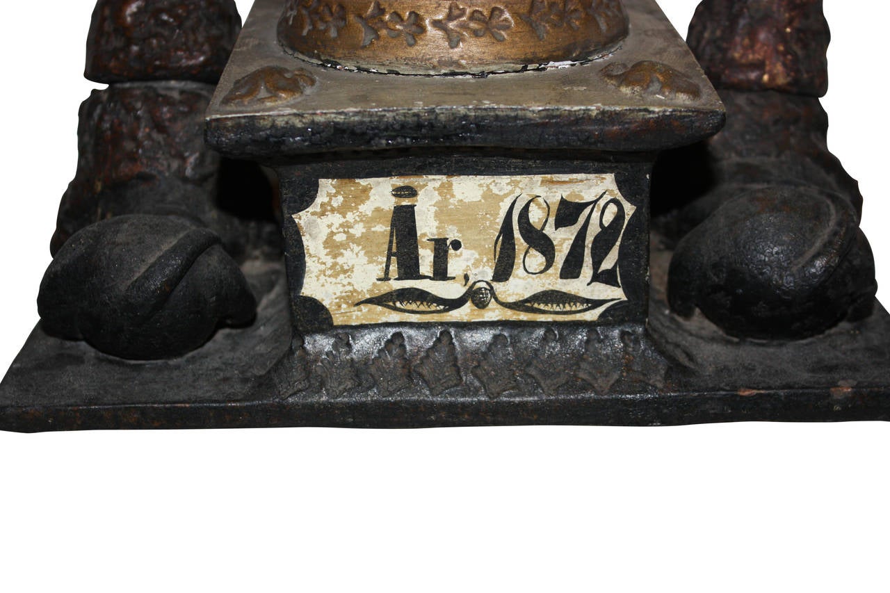 Fantastic ceramic inkwell, with what seems to be a pottery oven in the midst of two naivistic lions. You lift of the top lid to place pens and lift up the two lions heads for ink. Could have been made for a pottery fabricants desk, as it also seems
