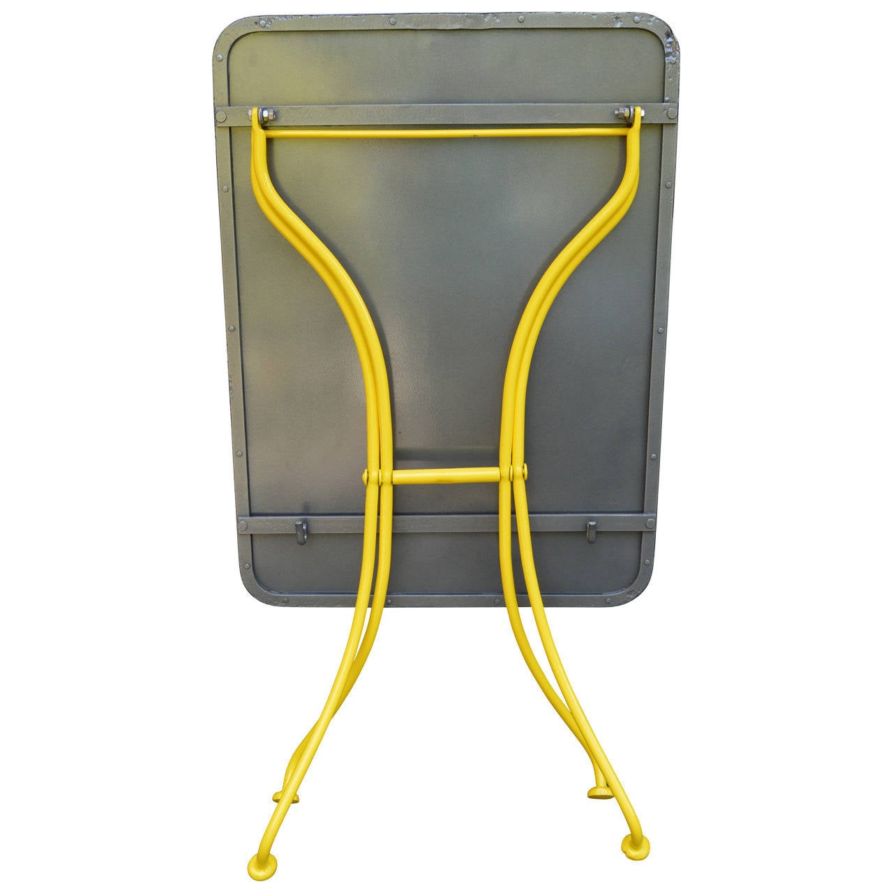 This is a very versatile table and is great for outdoor bar table, a small desk, console, plant table, additional dining area, etc. Folds for easy storage. Sturdy and solid.
Table is is yellow with gunmetal top

Measurements when open: 29.25  H x