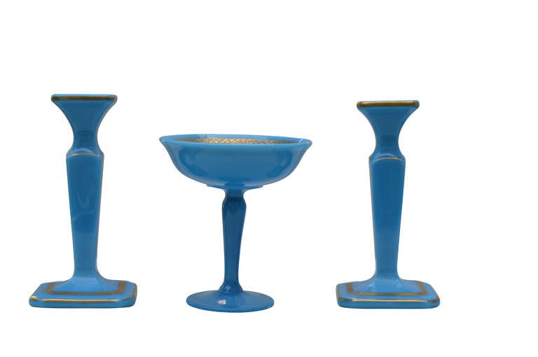 Blue Opaline Tazza And Pair of Candlesticks