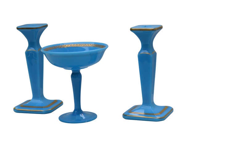 Second Empire Blue Opaline Tazza and Pair of Candlesticks