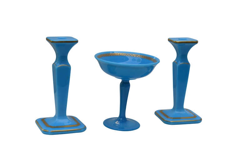 French Blue Opaline Tazza and Pair of Candlesticks