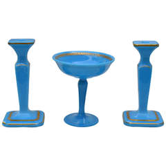 Blue Opaline Tazza and Pair of Candlesticks