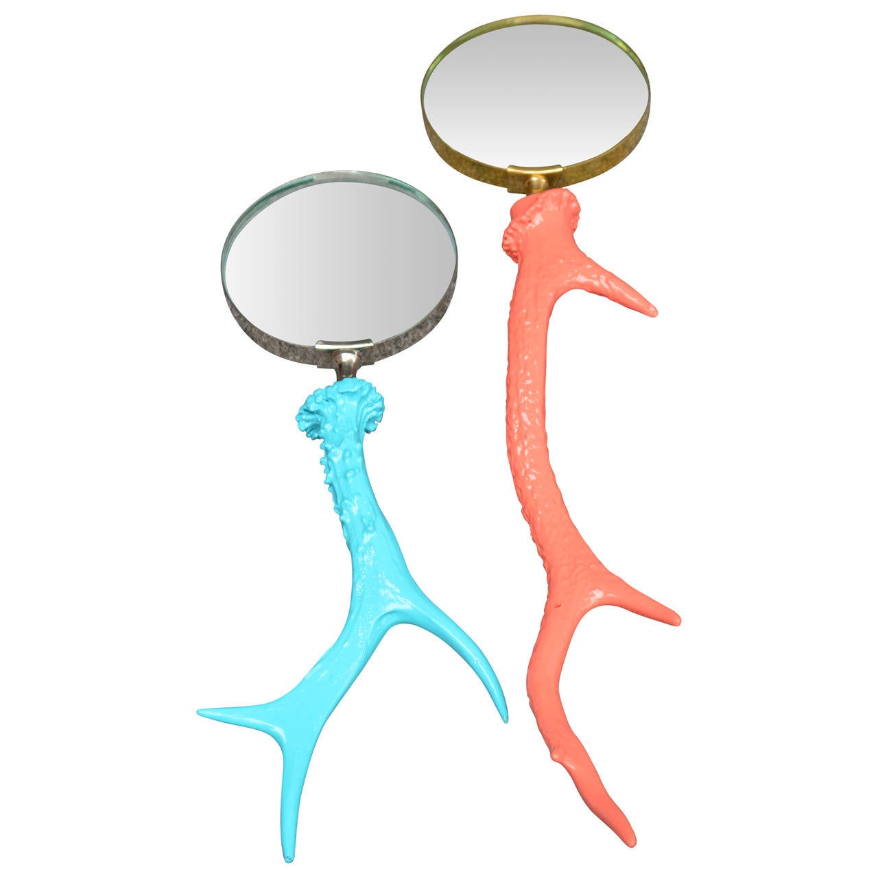 Pair of beautifully lacquered authentic antler magnifying glasses, choose one or both. The turquoise piece has silver accents and measures 13